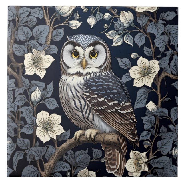 Cute Northern Saw-Whet Owl And Moonflowers On Navy Tile (Front)
