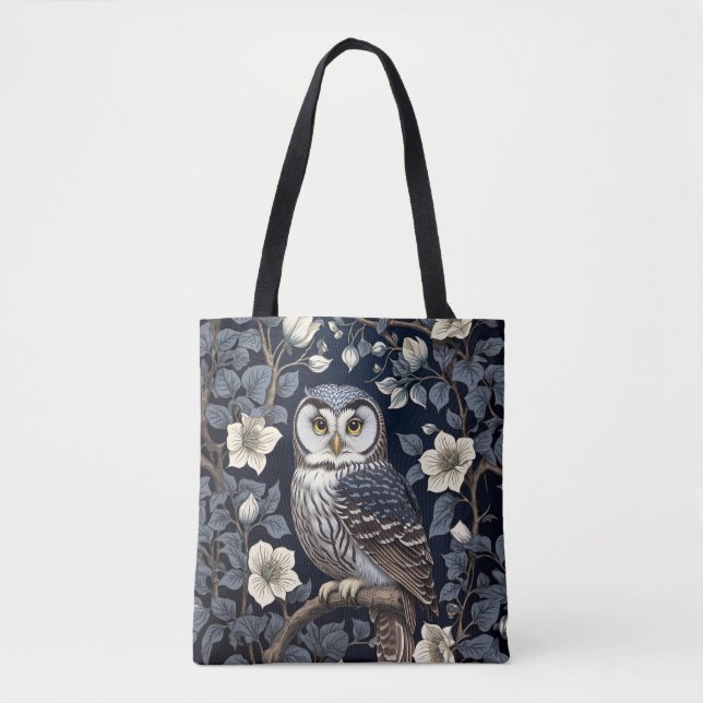 Cute Northern Saw-Whet Owl And Moonflowers On Navy Tote Bag (Front)