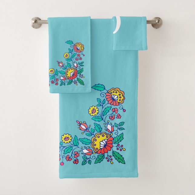 Cute Norwegian Folk Flowers Bath Towel Set (Insitu)