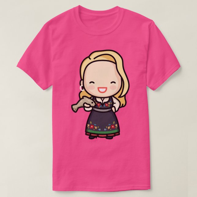 Cute Norwegian Girl in Traditional Dress with Fish T-Shirt (Design Front)