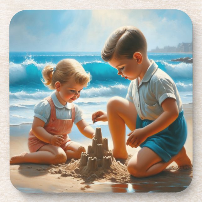Cute Nostalgic Children at the Beach 50's Era Coaster (Front)