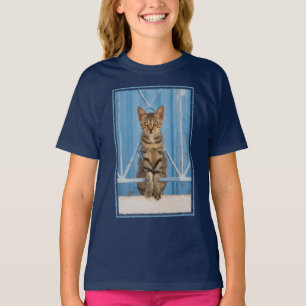 Cute Nosy Tabby Cat Kitten Sitting in a Blue Fence T-Shirt