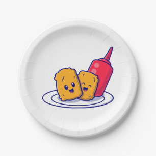 Cute Nuggets Smile With Sauce Cartoon  Paper Plate