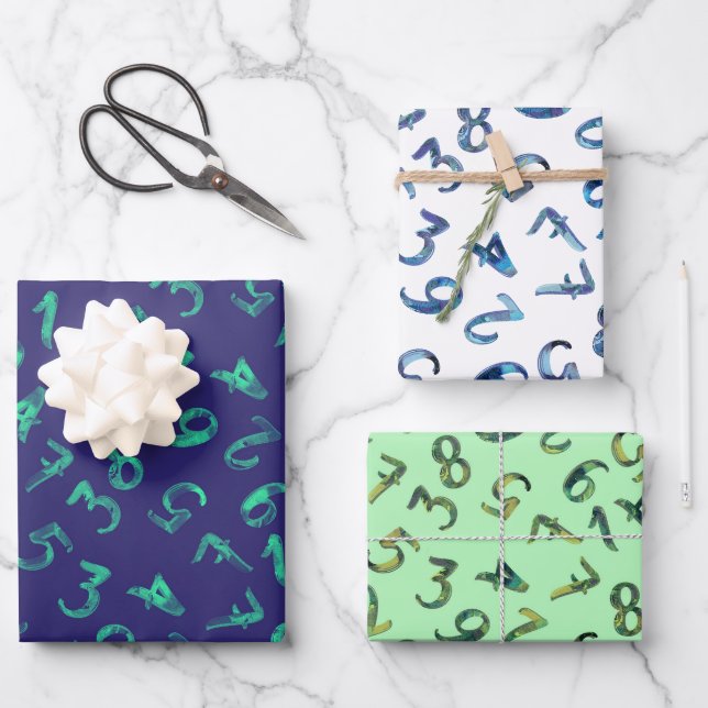Cute Numbers Pattern Navy Blue Green Mathematics Wrapping Paper Sheet (Front)