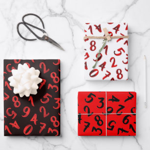 Cute Numbers White Red Black Pattern Mathematics Wrapping Paper Sheet