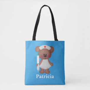 Cute nurse bear add name tote bag