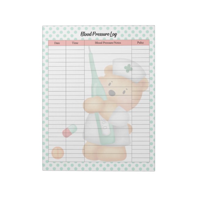 Cute Nurse Bear Blood Pressure Log Notepad (Rotated)