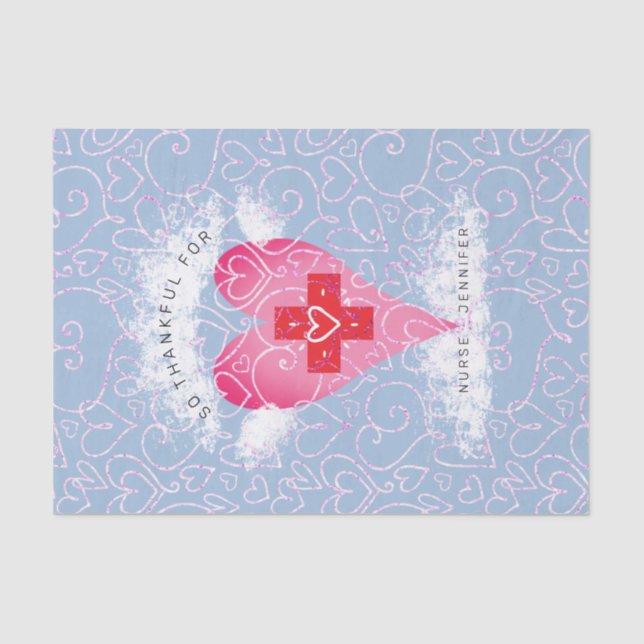 Cute Nurse Blue Pink Heart Personalised Tissue Paper (Front)