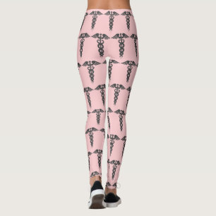 Cute Nurse Blush Pink And Grey Medical Caduceus Leggings