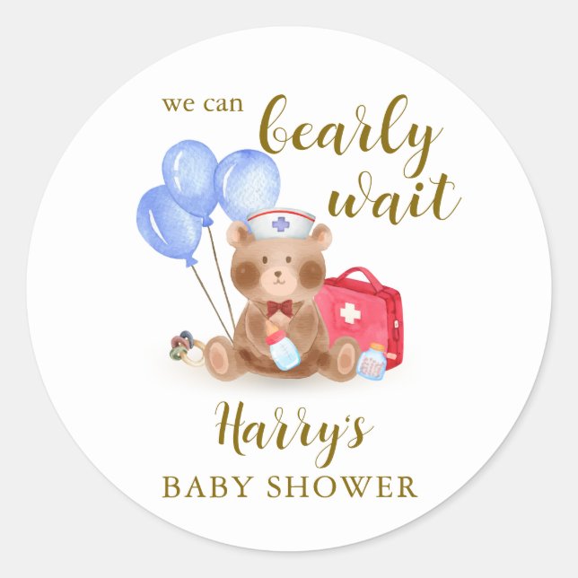 Cute Nurse Doctor Teddy Bear Balloon Baby Shower  Classic Round Sticker (Front)