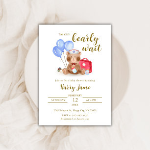 Cute Nurse Doctor Teddy Bear Balloon Baby Shower  Invitation