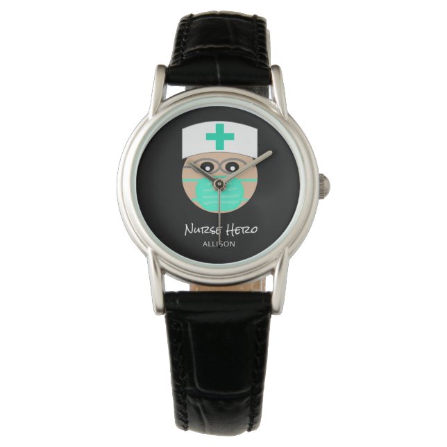  Cute Nurse Hero Black White Medical Personalised  Watch (Front)