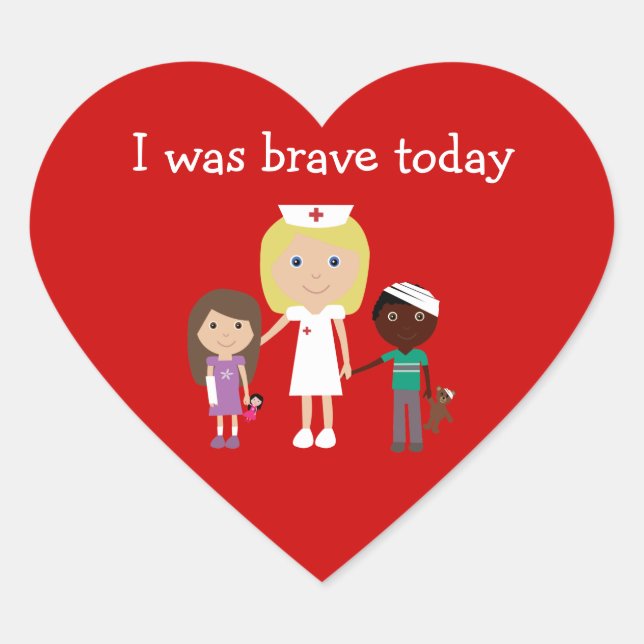 Cute Nurse & Kids I Was Brave Today Red Heart Sticker (Front)
