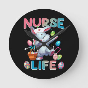 Cute Nurse Life Dabbing Easter Bunny Round Clock