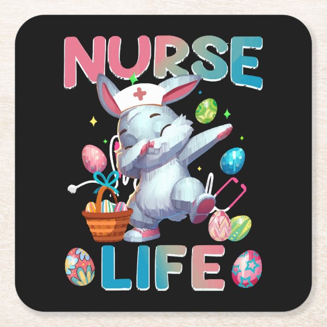 Cute Nurse Life Dabbing Easter Bunny Square Paper Coaster (Front)