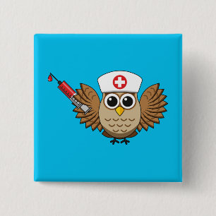 Cute Nurse Owl with Syringe Cartoon 15 Cm Square Badge