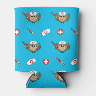 Cute Nurse Owl with Syringe Cartoon Can Cooler