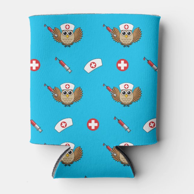 Cute Nurse Owl with Syringe Cartoon Can Cooler (Front)