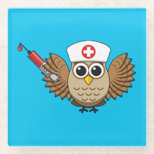 Cute Nurse Owl with Syringe Cartoon Glass Coaster