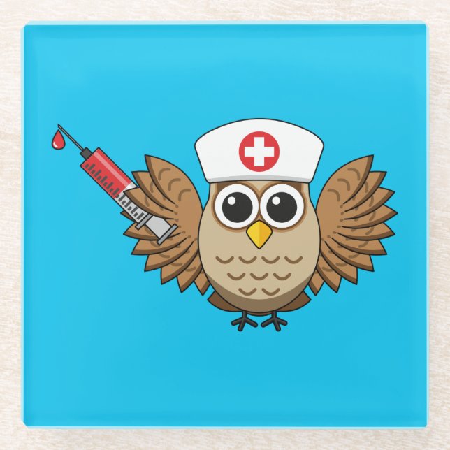 Cute Nurse Owl with Syringe Cartoon Glass Coaster (Front)