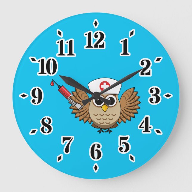 Cute Nurse Owl with Syringe Cartoon Large Clock (Front)