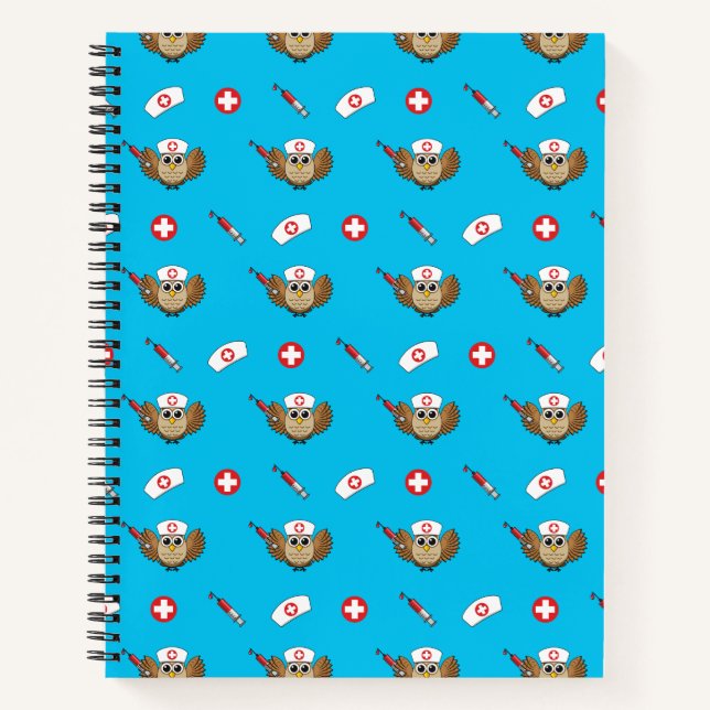 Cute Nurse Owl with Syringe Cartoon Notebook (Front)