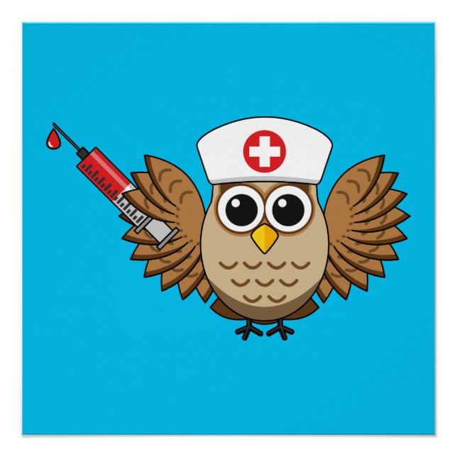 Cute Nurse Owl with Syringe Cartoon Poster (Front)