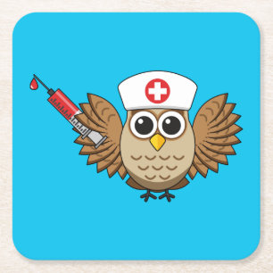 Cute Nurse Owl with Syringe Cartoon Square Paper Coaster