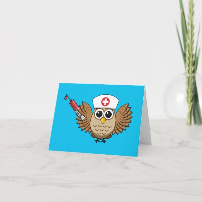 Cute Nurse Owl with Syringe Cartoon Thank You Card (Front)