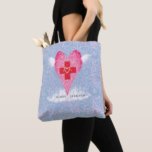 Cute Nurse Pink Red Heart with Wings Personalised Tote Bag