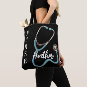 Cute Nurse Stethoscope Teal Black Minimalist Tote Bag