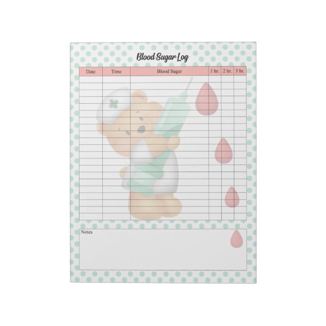 Cute Nurse Sugar Bear Blood Sugar Log Notepad (Rotated)