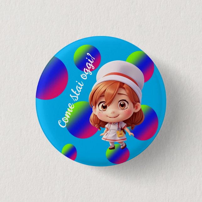 Cute Nurse with Italian Greeting Badge Button (Front)