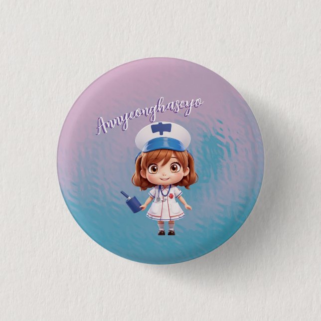 Cute Nurse with Korean greeting Badge Button (Front)