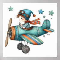 Cute Nursery Art Child Flying Old Aeroplane