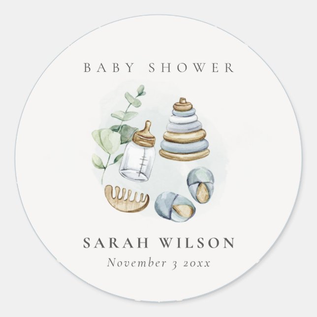 Cute Nursery Essential Leafy Blue Boy Baby Shower Classic Round Sticker (Front)