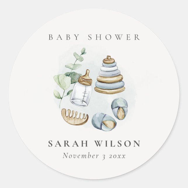 Cute Nursery Essential Leafy Blue Boy Baby Shower Classic Round Sticker (Front)