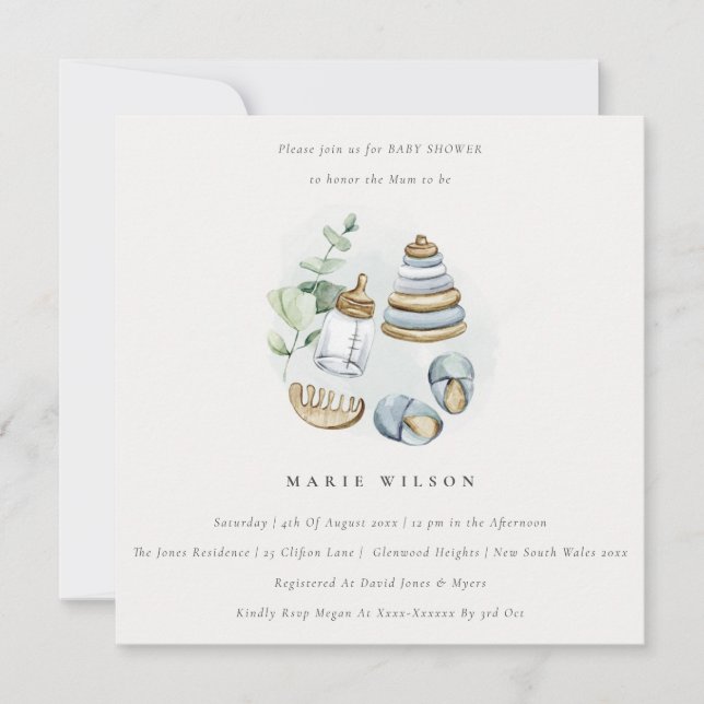 Cute Nursery Essential Leafy Blue Boy Baby Shower Invitation (Front)