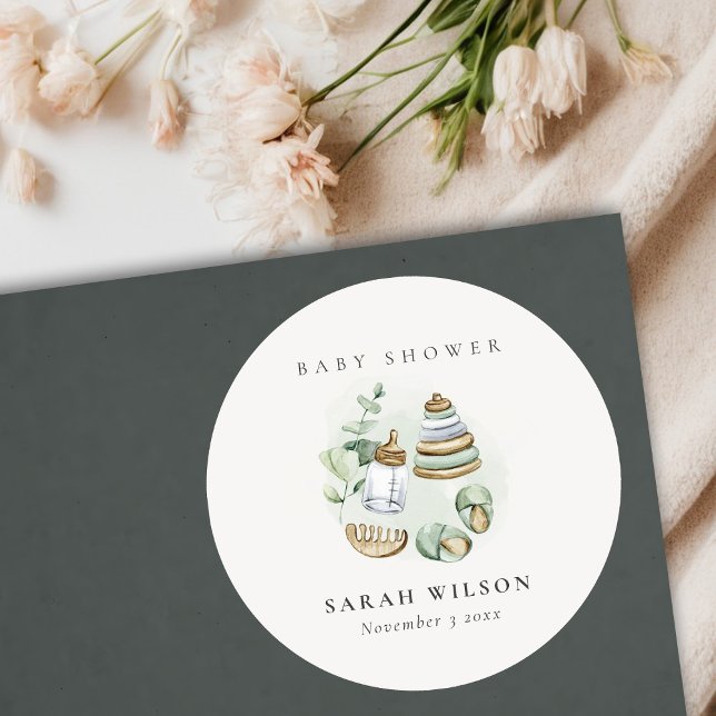 Cute Nursery Essential Leafy Green Baby Shower Classic Round Sticker (Creator Uploaded)