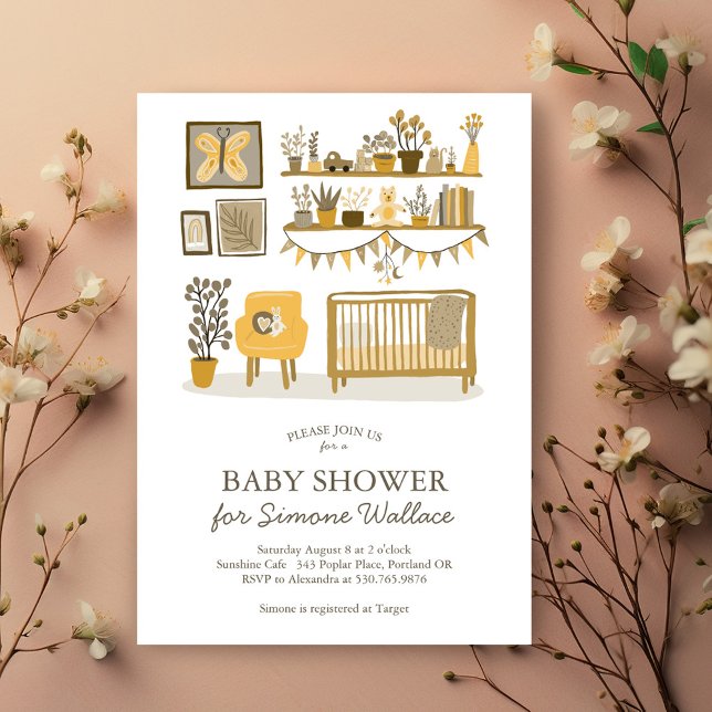  Cute Nursery Illustration CUSTOM BABY SHOWER Invitation (Cute Nursery Illustration CUSTOM BABY SHOWER Invitation neutral yellow colors - customize it!)