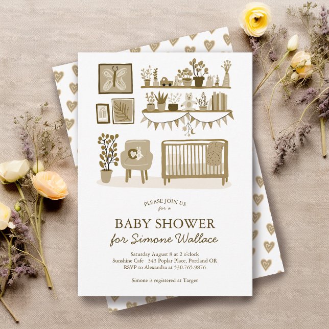  Cute Nursery Illustration CUSTOM BABY SHOWER Invitation (Cute Nursery Illustration CUSTOM BABY SHOWER Invitation
neutral colors baby crib )
