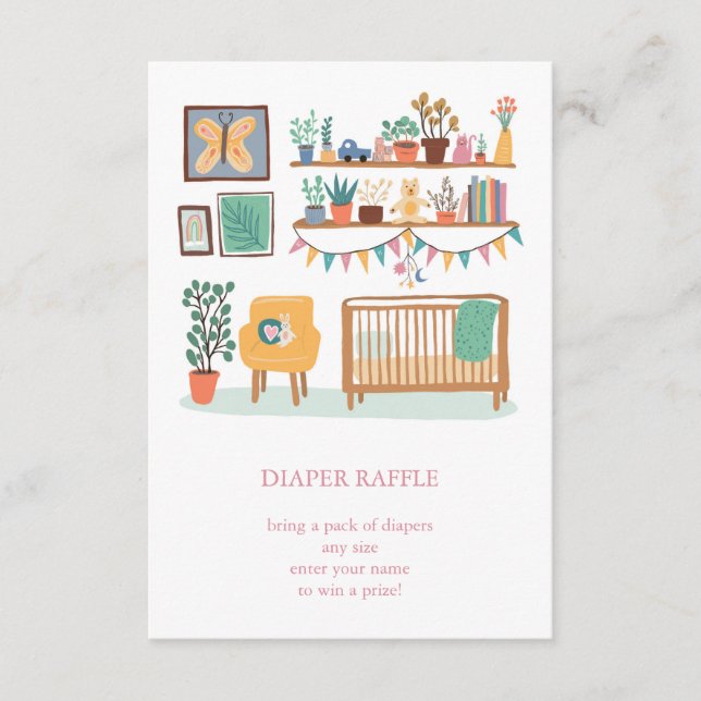  Cute Nursery Illustration CUSTOM Diaper Raffle Enclosure Card (Front)