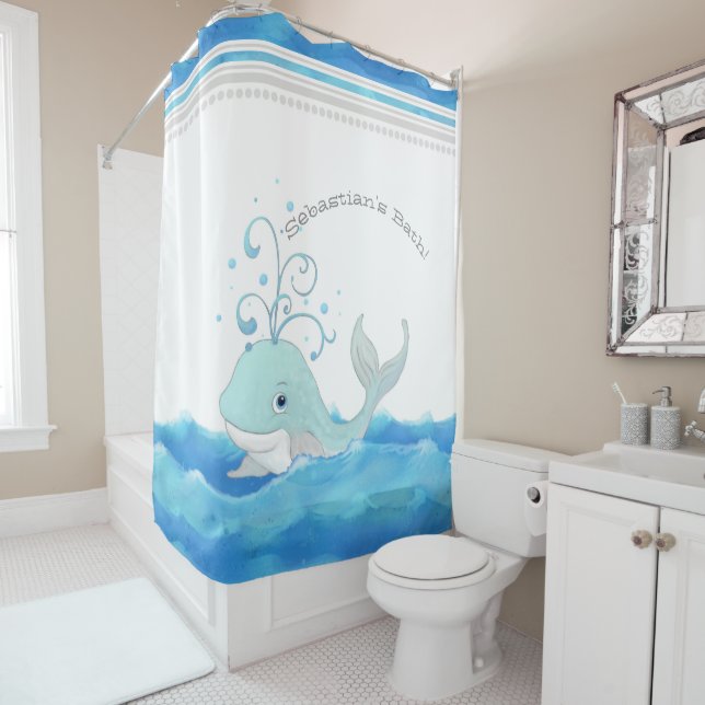 Cute Nursery Little Boy Name Whale Polka Dot Waves Shower Curtain (In Situ)