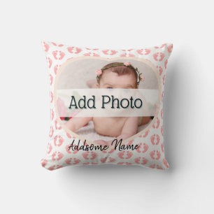 Cute Nursery Pink Heart Baby Photo pink foot print Cushion