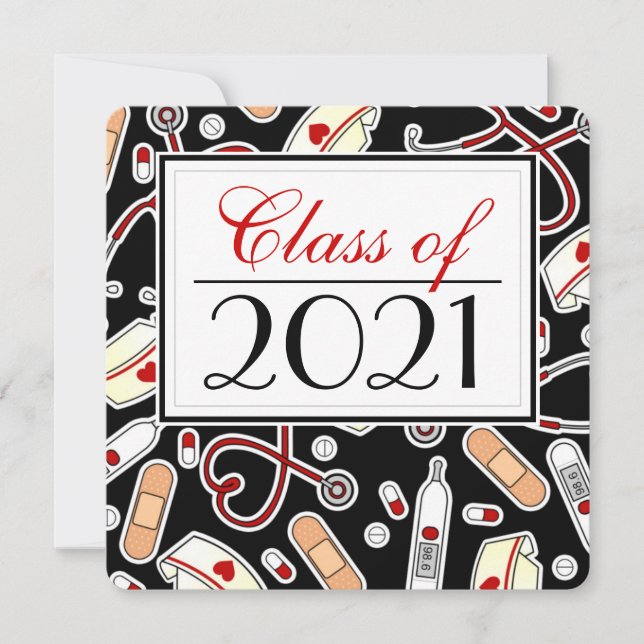 Cute Nursing School RN Black Graduation Square Invitation (Front)