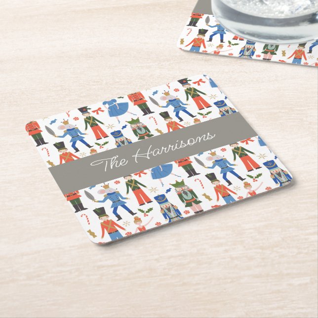 Cute Nutcracker Personalised Christmas Square Paper Coaster (Angled)