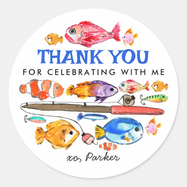 Cute O-Fish-al Reel Fun Fishing Birthday Thank You Classic Round Sticker (Front)