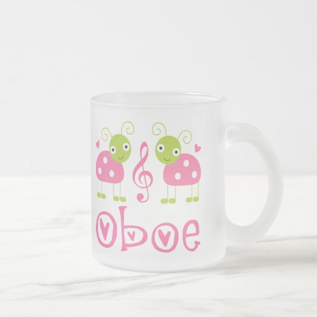 Cute Oboe Pink Ladybugs Frosted Glass Coffee Mug (Right)