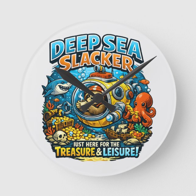 Cute Ocean Adventure Humor, Funny Sloth Diving art Round Clock (Front)