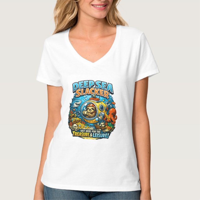 Cute Ocean Adventure Humor, Funny Sloth Diving art T-Shirt (Front)